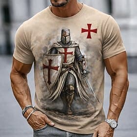 Men's Knight Templar Red Cross Sword Shield Crusader Medieval Christian Vintage Heroic Short Sleeve T-Shirt All Over Print Casual Fit Streetwear Daily Wear Des
