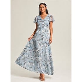 Robe midi en mousseline à fleurs pour femme, manches courtes, col en V, robe cocktail d'été