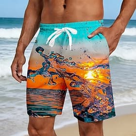 Men's Seawater Ocean Waves Swim Trunks Bathing Suits Swim Shorts Board Shorts Mid Waist Hawaiian Beach Vacation Wear Side Pockets Mesh Lining Elastic Drawstrin