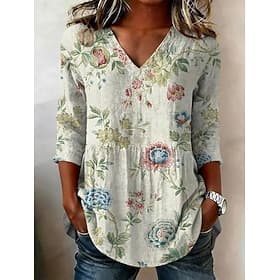 Damen Bluse Gerafft Blumen Grafik Elegant Stilvoll Lässig Langarm V Ausschnitt Lange Oberteile Lässig Täglich Arbeit Beige Sommer Frühling