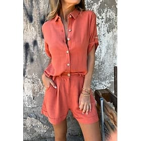 Women's Shorts Sets Half Sleeve Shirt Collar Solid Color Elegant Fashion Streetwear Casual Daily Outdoor Blue Black White Summer Regular Fit