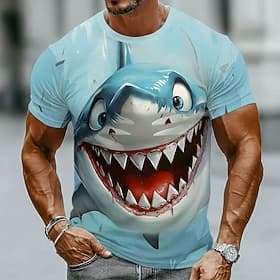 Herren-T-Shirt mit wütendem Hai-Cartoon-Gesicht, grinsend, lustig, humorvoll, skurril, mit Grafik eines Meeresräubers, Rundhalsausschnitt, Kurzarm, hellblau, n
