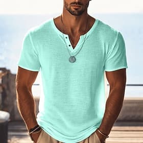 Men's Cotton Linen T Shirt Knit Tee Tee Top Short Sleeve V Neck Summer Solid Color Fashion Lightweight Basic Mesh Knitted Plain Casual Vacation Street Blue Bla