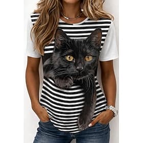 Women's T Shirt Print Graphic Animal Cat Vintage Stylish Classic Short Sleeve Crew Neck Round Neck Long Tops Casual Daily Weekend Black and White White Coffee