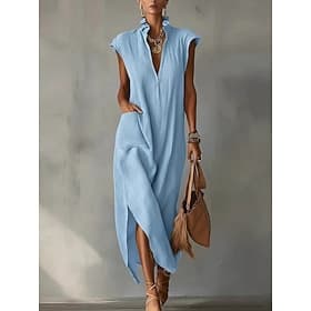 Femmes Robe Midi Robes effet lin Robe bohème Élégant Quotidien Extérieur Plage Coupe Ample Uni Sans manches Col en V Noir Blanche Rouge Bleu Ciel Été