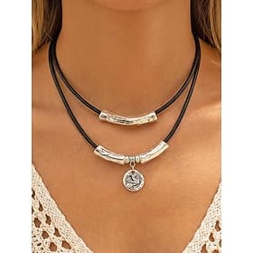 Women's Boho Alloy Double Layer Pendant Necklace, Multi Style Charm Choker for Beach Vacation, Summer Resort and Everyday Casual Wear
