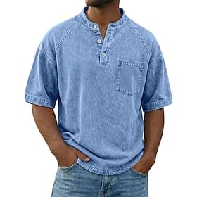 SoftFade™ Men's T Shirt Demin Shirt 100% Cotton Acid Wash Shirt Short Sleeve Stand Collar Henley Spring Fall Plain Vintage Streetwear Casual Pocket Garment Dye