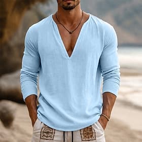 Men's Tee Top Long Sleeve V Neck Spring Summer Summer Spring Plain Fashion Designer Basic Soft Casual Vacation Street Light Blue Top Tee for Men