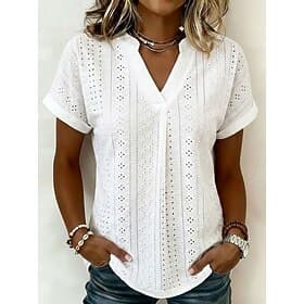 Per donna Top traforato Maglietta traforata Maglietta Testurizzato Elegante Classico Manica Corta Scollo a V Top Regolari Casuale Spiaggia Bianco Estate Primav