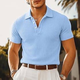 Herren Rippenstrick-Top Textur Lässig Arbeit Revers Kurzarm Basic Modern Einfach Knöpfe Gestrickt Frühling Sommer Blau Weiß Gelb Wein Marineblau Rippenstrick-