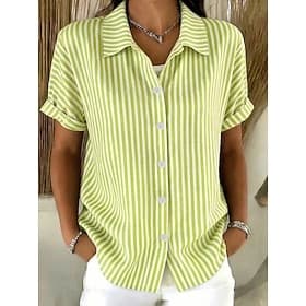 Women's Shirt Graphic Geometric Striped Vintage Daily Stylish Short Sleeve Shirt Collar Long Tops Casual Daily Blue Grass Green Pink Summer Spring