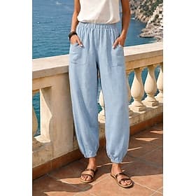 Femmes 100% Coton Pantalons Amples Pantalon sarouel Vacances Basique Confort Long Naturel Couleur Unie Avec Poches Taille Élastique Confortable Respirant Non E