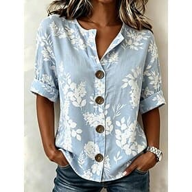 Mujer Camisa Estampado Floral Graphic Elegante Vintage Casual Media Manga Escote en Pico Tops regulares Casual Diario Festivos Azul Piscina Blanco Beige Verano