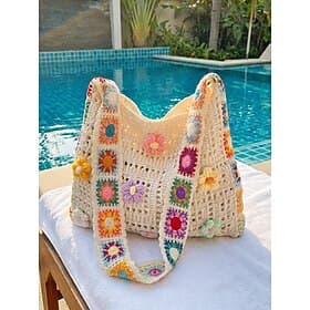 Sac à main bohème en maille crochetée pour femme, orné de fleurs 3D multicolores, offrant plusieurs styles de porté, léger et élégant, idéal pour les vacances