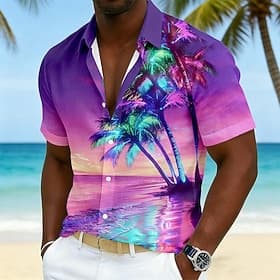 Men's Coconut Tree Nature Landscapes Neon Glow Summer Hawaiian Shirt Tropical Shirts Aloha Shirt Short Sleeve Hawaiian Vacation Holiday Beach Wear Summer Spri