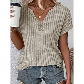 Women's T Shirt Tee Top Graphic Geometric Plain Fashion Stylish Classic Short Sleeve V Neck Regular Tops Daily Going out Weekend Blue Black Camel Fuchsia Green