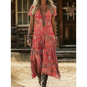 Damen Midikleid Boho-Kleid Freizeitkleid A Linie Kleid Druckkleid Vintage Outdoor Urlaub Wochenende Lässiger Schnitt Grafik Farbblock Kurzarm V Ausschnitt Fuch