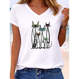 Women's T Shirt Print Graphic Animal Letter Stylish Classic Casual Short Sleeve V Neck Regular Tops Casual Daily Blue Green with beige White Red Khaki Summer S