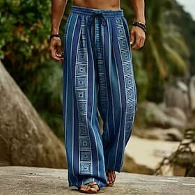 Men's Geometric Ethnic Greek Key Trousers Casual Pants Baggy Pants Mid Waist Boho Vintage Retro Home Outdoor Vacation Elastic Drawstring Waist Linen-Like Pants