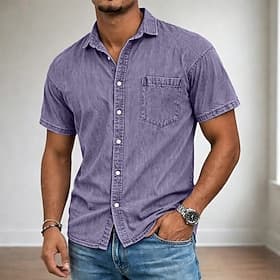Men's Shirt Casual Shirt Button Up Shirt Cotton Acid Wash Shirt Black Light Green Wine Navy Blue Purple Short Sleeve Plain Collar Shirt Collar Casual Daily Fro