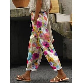 Women's Linen Like Pants Baggy Pants Casual Daily Long Floral Drawstring Side Pockets Print Breathability Comfortable Inelastic Weekend Orange Green Spring Su