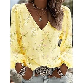 Women's Shirt Floral Graphic Elegant Vacation Tropical Long Sleeve V Neck Regular Tops Casual Daily Holiday Coral Red Yellow Light Green Pink Sky Blue Summer S