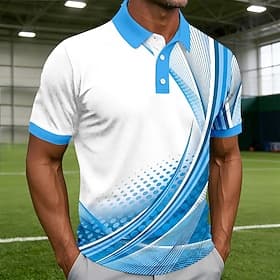 Men's Geometic Line Polo Shirts Short Sleeve Polo Shirts Collared Shirts Casual Athleisure 3D Print Buttons Spring Summer Blue Red Purple
