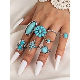 Ensemble de bagues bohèmes pour femme en alliage et turquoise, composé de 8 bagues vintage empilables pour les phalanges, idéales pour les vacances à la plage,