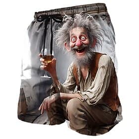 Men's Cartoon Characters Beer Old Man Swim Trunks Swim Shorts Board Shorts Mid Waist Retro Vintage Funny Outdoor Vacation Dailywear Side Pockets Mesh Lining El