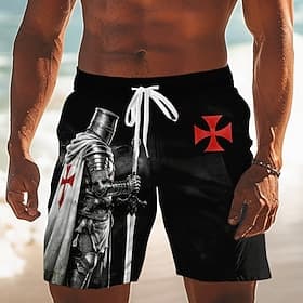 Men's Knights Templar Crusaders Cross Swim Trunks Bathing Suits Swim Shorts Board Shorts Mid Waist Retro Vintage Outdoor Vacation Dailywear Side Pockets Mesh L