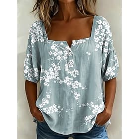 Women's Blouse Print Floral Graphic Vintage Daily Stylish Half Sleeve Square Neck Regular Tops Casual Daily Blue White Pink Green Summer Spring