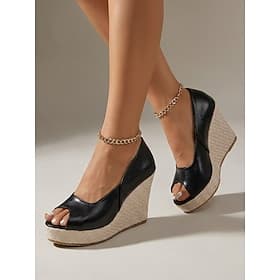 Schwarze Peeptoe-Keilsandalen für Damen – sommerliche Espadrille-Sandalen mit geflochtener Sohle für Kreuzfahrten, Landausflüge und elegante Abendessen