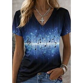 Women's T Shirt Print Floral Graphic Music Vintage Stylish Classic Short Sleeve V Neck Regular Tops Daily Sports Going out Blue Red Orange Summer Spring Fall W