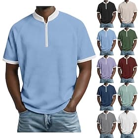 Men's Waffle Polo Shirts Polo Shirts Casual Daily Quarter Zip Short Sleeve Fashion Basic Color Block Zipper Lightweight Summer Spring Regular Fit Black White B