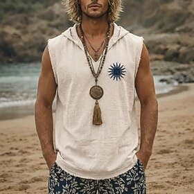 Sweat à capuche sans manches pour homme, style bohème vintage tribal, imprimé soleil céleste, ourlet brut effiloché, coupe ample, col en V, idéal pour la plage