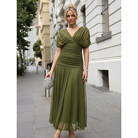 Linea ad A Lunghezza alla caviglia Abito Formale Abiti da Cocktail Elegante Manica Corta Scollo a V Matrimonio Formale Tulle Tessuto Elasticizzato con Arriccia