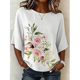 Women's Blouse Print Floral Graphic Bohemia Vintage Tropical 3/4 Length Sleeve Crew Neck Crop Tops Casual Daily Vacation Wear White Summer Spring