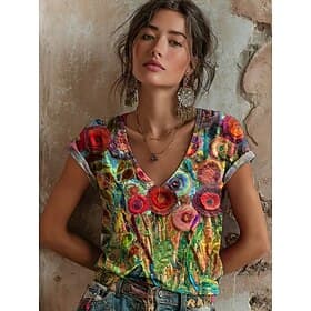Women's T Shirt Print Floral Graphic Plants Vintage Stylish Classic Short Sleeve V Neck Regular Tops Daily Blue Gray / Red Sage Green Dark Green Fuchsia Summer