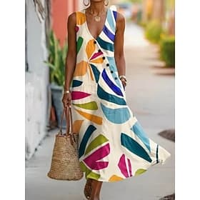 Femmes Robe maxi Robe d'Été Robe Décontractée Robe trapèze Élégant Vacances Plage Fête Coupe régulière Graphique Géométrique Sans manches Col en V Jaune Marron