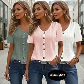 Paquets multiples 3 pièces Femmes Col en V Manche Courte noir blanc vert Boutons Occasionnel Quotidien Polyester Été