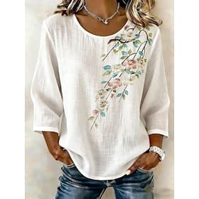 Women's Shirt Linen-feel Shirts Floral Graphic Vintage Stylish Long Sleeve Crew Neck Regular Tops Casual Blue White Yellow Pink Green Summer Spring