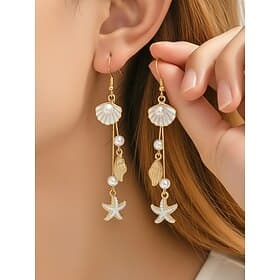 Women's Bohemian Alloy Starfish Shell Tassel Earrings, Multi-Color Beach Drop Dangle Earrings for Vacation Travel, Resort Style and Everyday Casual Wear
