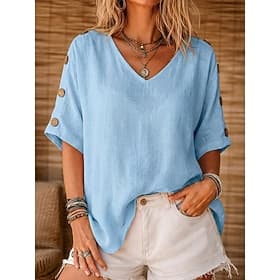 Women's Shirt Cotton Linen Shirts Blouse Buttons Solid Color Basic Casual Short Sleeve Batwing Sleeve U Neck Regular Tops Casual Daily White Yellow Light Green