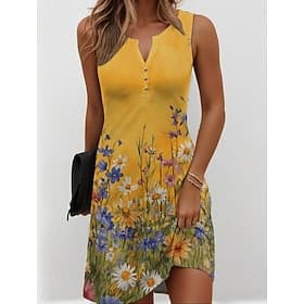 Women's Knee Length Dress Shift Dress Sundress Summer Dress Off The Shoulder Dress Vacation Casual Holiday Regular Fit Floral Graphic Sleeveless V Neck Blue Ye