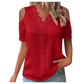 Women's T Shirt Tee Top Lace Patchwork Plain Fashion Stylish Classic Short Sleeve V Neck Regular Tops Casual Daily Going out Dusty Rose Red Sky Blue Purple Tau