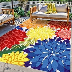 Tapis d'extérieur imperméable multicolore 5x8 pieds, tapis d'intérieur lavable, tapis de patio extérieur à motifs floraux tropicaux antidérapant pour salon, pi