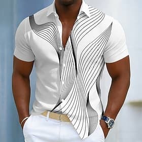 Men's Geometric Lines / Waves Abstract Shirt Summer Shirt Button Up Shirt Short Sleeve Business Casual Daily Work Holiday Summer Spring Turndown 3D Print Front