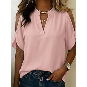 Women's Shirt Cold Shoulder Tops Blouse Chiffon Tops Solid Color Plain Elegant Vacation Short Sleeve V Neck Long Tops Casual White Pink Red Navy Blue Orange Su