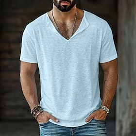 Men's Tee Top Linen T-Shirt Short Sleeves V Neck Summer Plain Fashion Designer Basic Soft Casual Vacation Street Blue Black White Top Tee for Men