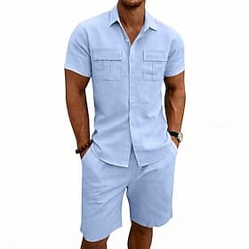 Men's Linen Shirt 2 Piece Shirt Set And Shorts Linen Shorts Beach Shorts Set Plain Daily Outdoor Vacation Turndown Short Sleeve Summer Fashion Casual Comfortab